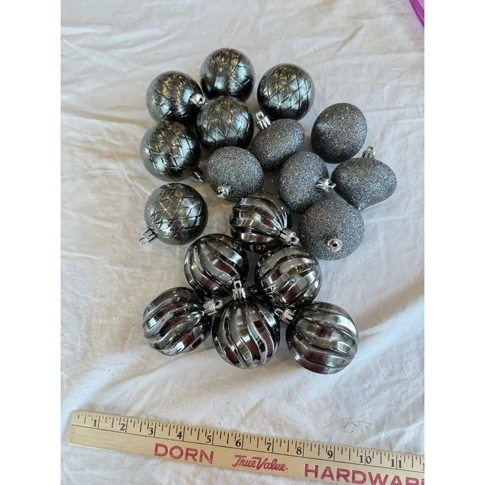 Set of 18 Pewter Color Shatter Proof Ornaments 3 Styles 6/Glitter 12/Shiny 2.25